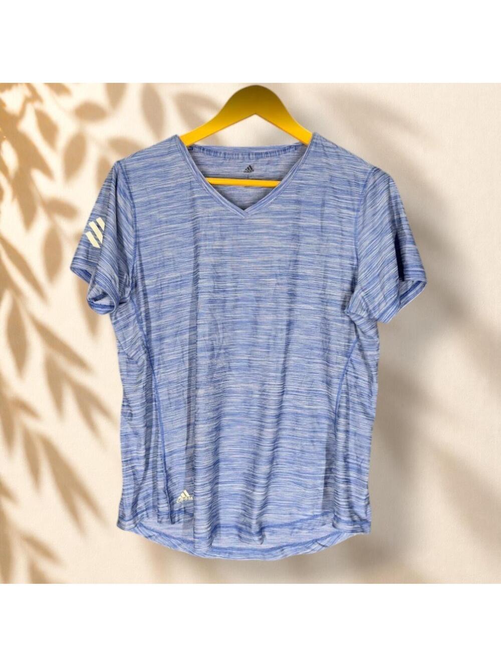 Adidas T-Shirt Men L Large Blue V-Neck Short Sleeve Pullover Regular Fit